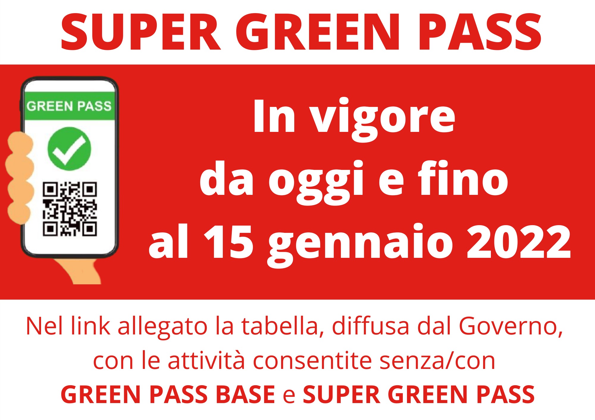 Super Green Pass in vigore da oggi e fino al 15 gennaio 2022 Comune